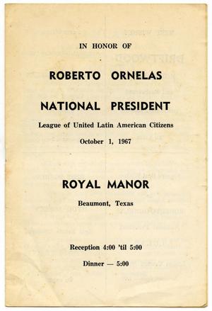 Primary view of object titled '[Program for the Reception and Appreciation Dinner of Roberto Ornelas, National President of LULAC]'.