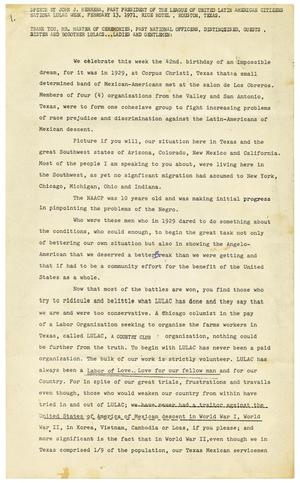 Primary view of object titled '[Final draft of speech by John J. Herrera for the 42nd National Convention of LULAC - 1971-02-13]'.