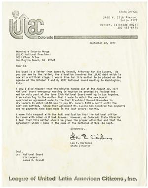 Primary view of object titled '[Letter from Leo E. Cardenas to Eduardo Morga - 1977-09-22]'.