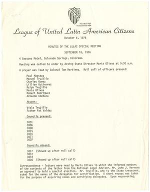 Primary view of object titled '[Minutes from the LULAC Special Meeting - 1976-09-18]'.
