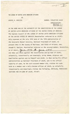 Primary view of object titled '[Draft of Formal Charges against Joseph R. Benites, 1976-10-09]'.