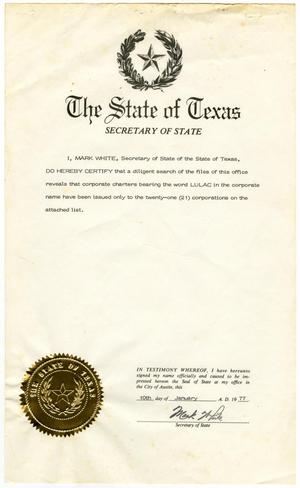 Primary view of object titled '[Certification of LULAC Charters - January 10, 1977]'.