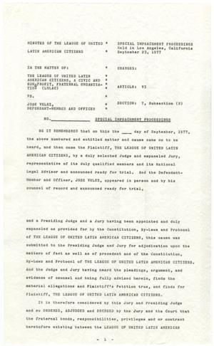 Primary view of object titled '[Draft of Minutes from the LULAC Special Impeachment Proceedings - 1977-09-23]'.
