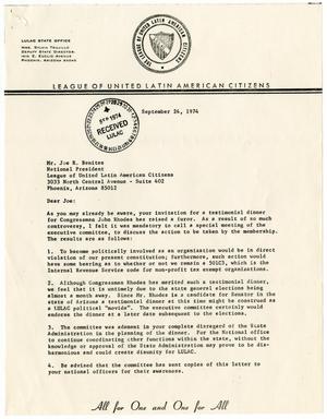 Primary view of object titled '[Letter from Sylvia Trujillo to Joseph R. Benites - 1974-09-24]'.