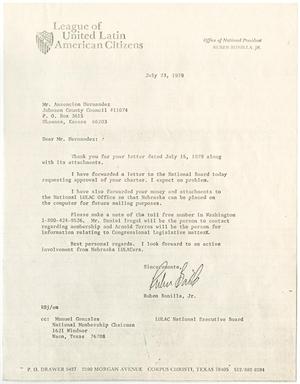 Primary view of object titled '[Letter from Ruben Bonilla, Jr., to Asencion Hernandez - 1979-07-23]'.