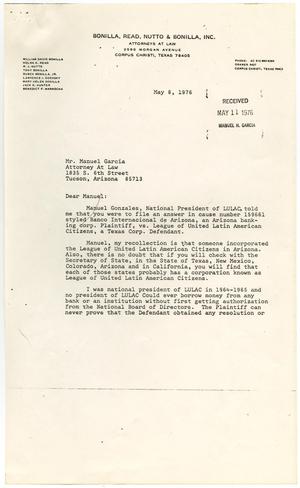 Primary view of object titled '[Letter from William D. Bonilla to Manuel Garcia - 1976-05-08]'.