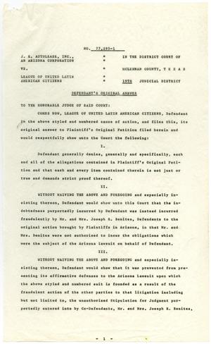 Primary view of object titled '[Defendant's Original Answer, unsigned, J. R. Autolease, Inc. vs. LULAC - 1977]'.