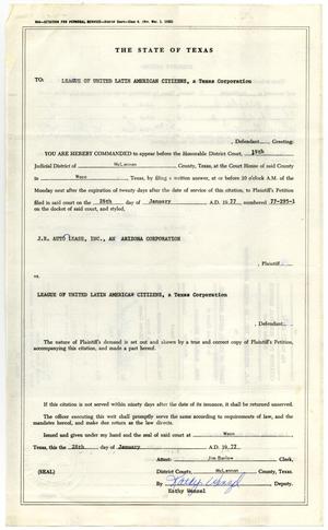 Primary view of object titled '[Citation for Personal Service, 19th Judicial District, McLennan County, State of Texas - 1977-01-28]'.