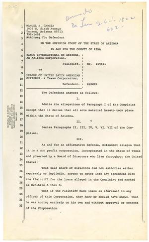 Primary view of object titled '[Defendant's Answer, Banco Internacional de Arizona vs. LULAC - 1976-05-20]'.
