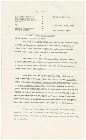 Primary view of object titled '[Plaintiff's First Amended Petition, E & J Travel Bureau dba Arizona Bank Travel Service vs. LULAC, 1977-03-10]'.
