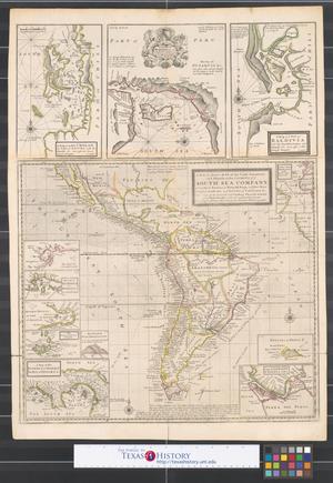 Primary view of object titled 'A new & exact map of the coast, countries and islands within ye limits of ye South Sea Company: from ye River Aranoca to Terra del Fuego, and from thence through ye South Sea, to ye north part of California &c. with a view of the general coasting trade-winds, and particular draughts of the most important bays, ports, & c.'.