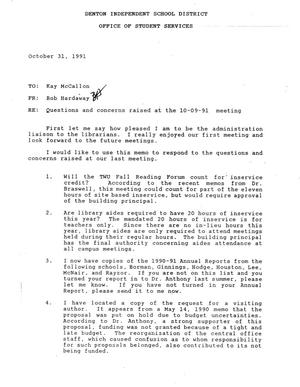 Primary view of object titled '[Memorandum Regarding questions raised at October 9 1991 meeting with Denton ISD librarians]'.