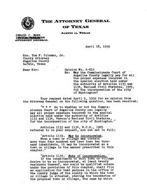 Primary view of object titled 'Texas Attorney General Opinion: O-610'.