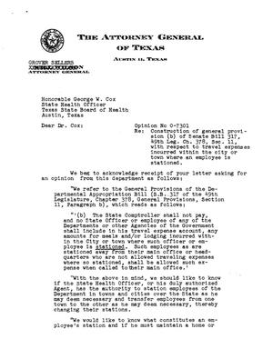 Primary view of object titled 'Texas Attorney General Opinion: O-7301'.