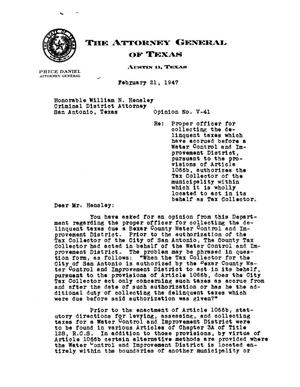 Primary view of object titled 'Texas Attorney General Opinion: V-41'.