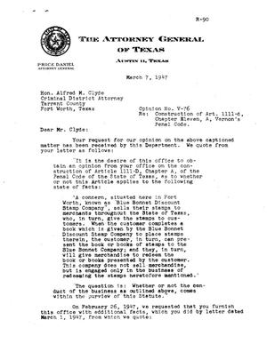 Primary view of object titled 'Texas Attorney General Opinion: V-76'.