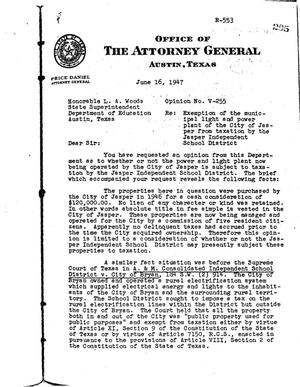 Primary view of object titled 'Texas Attorney General Opinion: V-255'.