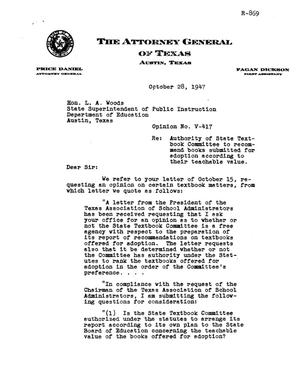 Primary view of object titled 'Texas Attorney General Opinion: V-417'.