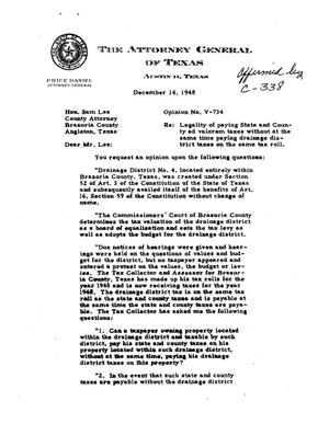 Primary view of object titled 'Texas Attorney General Opinion: V-734'.