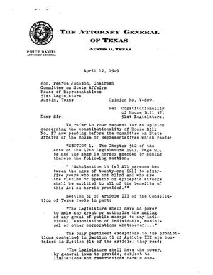 Primary view of object titled 'Texas Attorney General Opinion: V-809'.