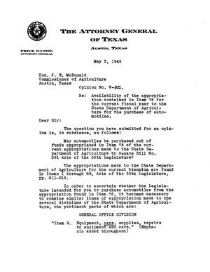 Primary view of object titled 'Texas Attorney General Opinion: V-821'.