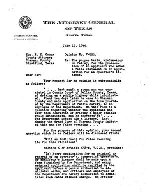 Primary view of object titled 'Texas Attorney General Opinion: V-852'.