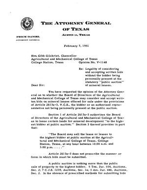 Primary view of object titled 'Texas Attorney General Opinion: V-1148'.