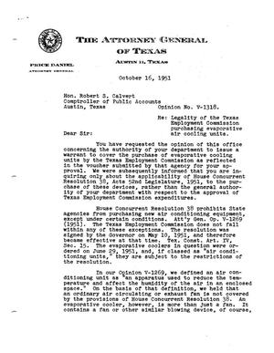 Primary view of object titled 'Texas Attorney General Opinion: V-1318'.