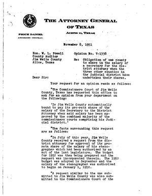 Primary view of object titled 'Texas Attorney General Opinion: V-1338'.