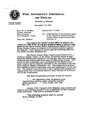 Primary view of object titled 'Texas Attorney General Opinion: V-1550'.
