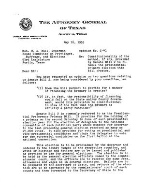 Primary view of object titled 'Texas Attorney General Opinion: S-41'.