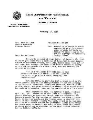 Primary view of object titled 'Texas Attorney General Opinion: WW-366'.
