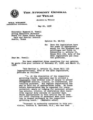 Primary view of object titled 'Texas Attorney General Opinion: WW-433'.