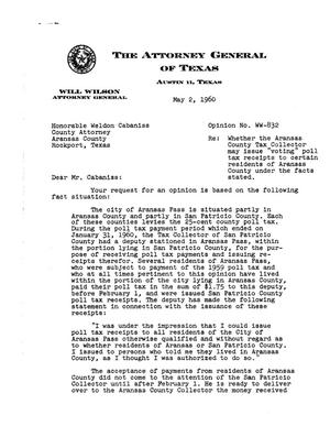 Primary view of object titled 'Texas Attorney General Opinion: WW-832'.