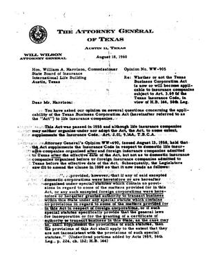 Primary view of object titled 'Texas Attorney General Opinion: WW-905'.