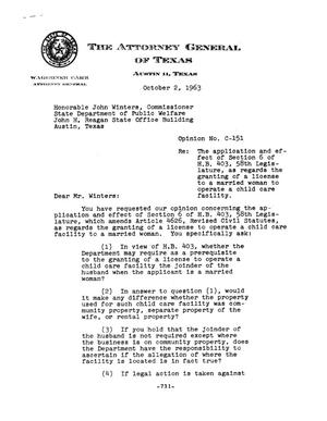 Primary view of object titled 'Texas Attorney General Opinion: C-151'.