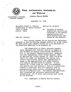 Primary view of object titled 'Texas Attorney General Opinion: M-280A'.