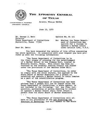 Primary view of object titled 'Texas Attorney General Opinion: M-651'.
