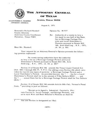 Primary view of object titled 'Texas Attorney General Opinion: M-917'.