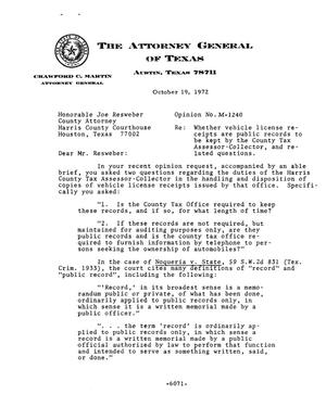 Primary view of object titled 'Texas Attorney General Opinion: M-1240'.