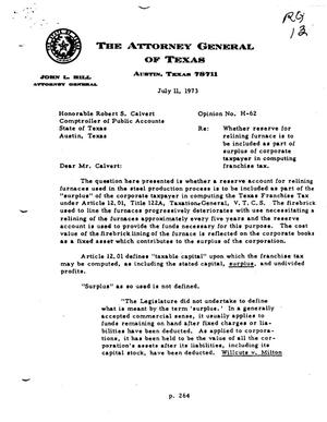 Primary view of object titled 'Texas Attorney General Opinion: H-62'.