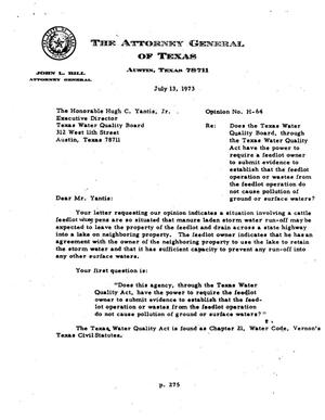 Primary view of object titled 'Texas Attorney General Opinion: H-64'.