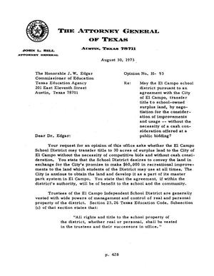Primary view of object titled 'Texas Attorney General Opinion: H-93'.