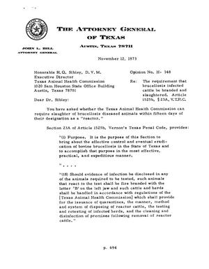 Primary view of object titled 'Texas Attorney General Opinion: H-148'.