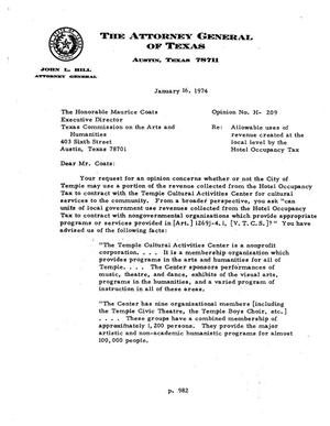 Primary view of object titled 'Texas Attorney General Opinion: H-209'.