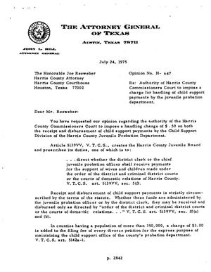 Primary view of object titled 'Texas Attorney General Opinion: H-647'.