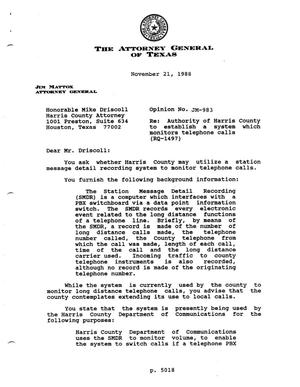 Primary view of object titled 'Texas Attorney General Opinion: JM-983'.