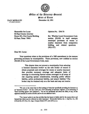 Primary view of object titled 'Texas Attorney General Opinion: DM-70'.
