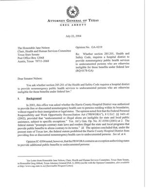 Primary view of object titled 'Texas Attorney General Opinion: GA-0219'.