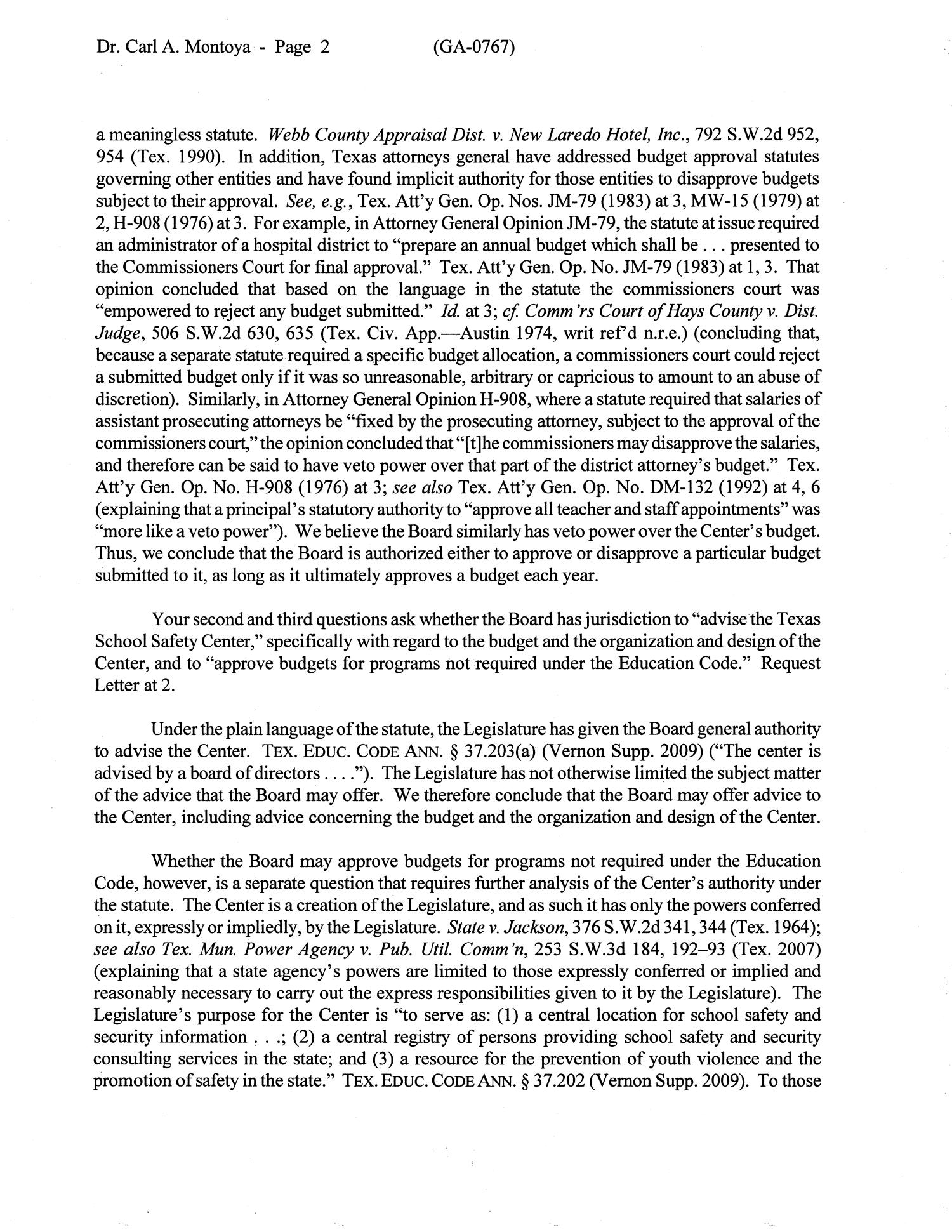 Texas Attorney General Opinion: GA-0767
                                                
                                                    [Sequence #]: 2 of 4
                                                